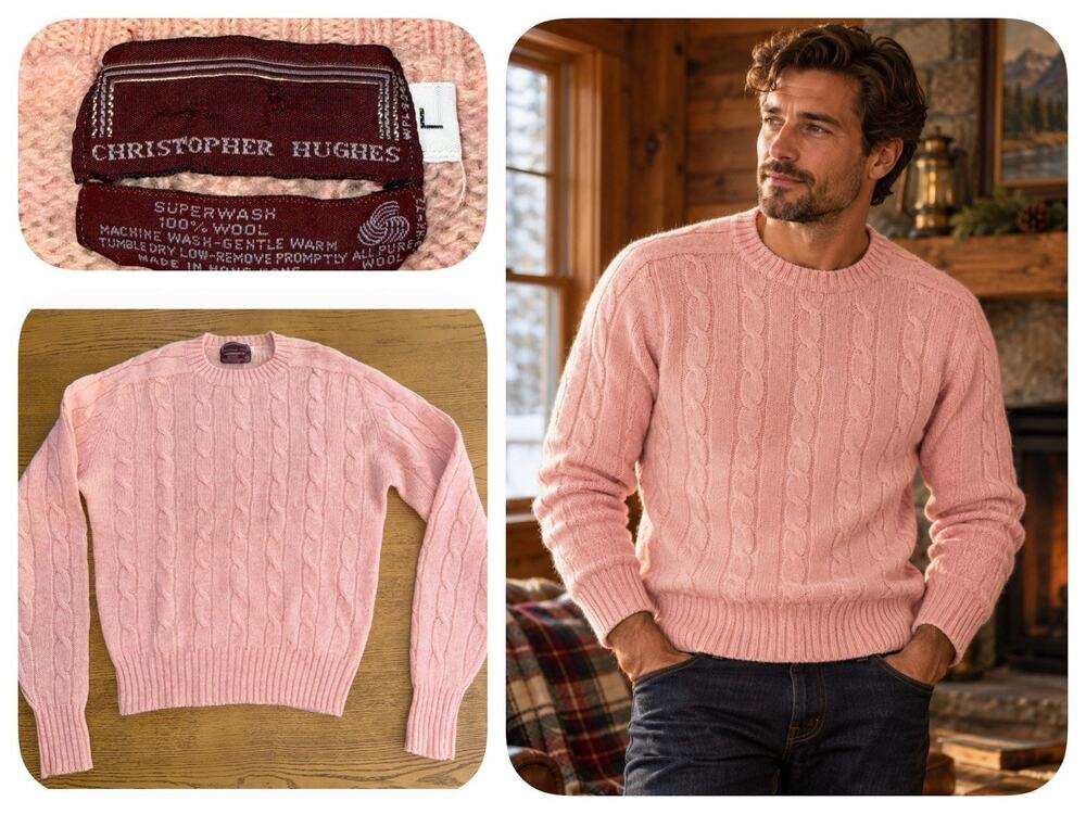 Vintage Christopher Hughes Wool Sweater Men L Pink Cable Knit Hong Kong Preppy